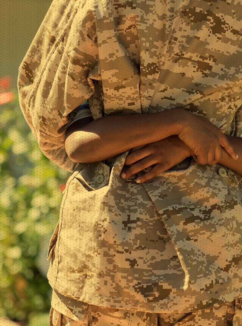 Adult in camouflage hugging child