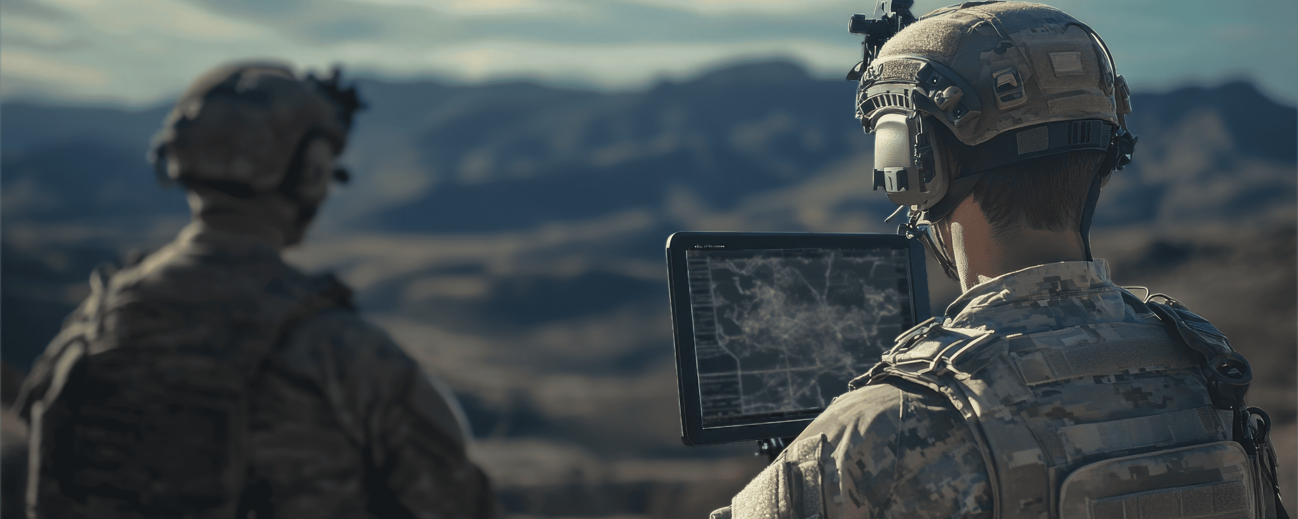 two soldiers looking over a valley using radar equipment
