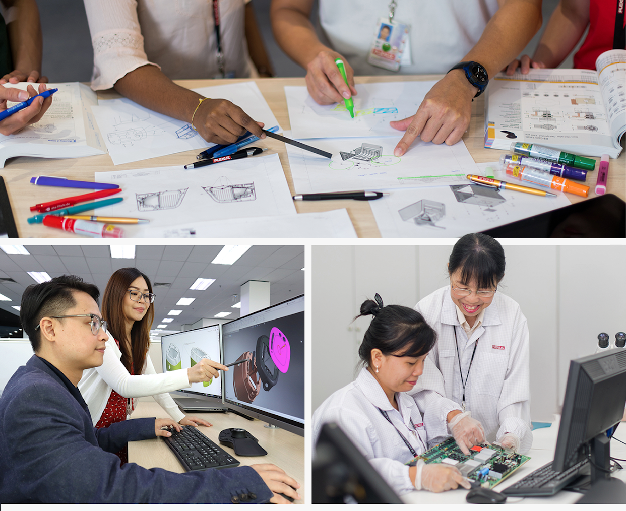 Eine dreiteilige Collage, die den Produktentwicklungsprozess vom Konzept bis zur Fertigung veranschaulicht. Die Bilder zeigen ein Team, das gemeinsam an technischen Entwurfsskizzen arbeitet, Ingenieure, die ein 3D-CAD-Modell auf zwei Monitoren begutachten, sowie Techniker in Laborkitteln, die eine elektronische Leiterplatte zusammenbauen.