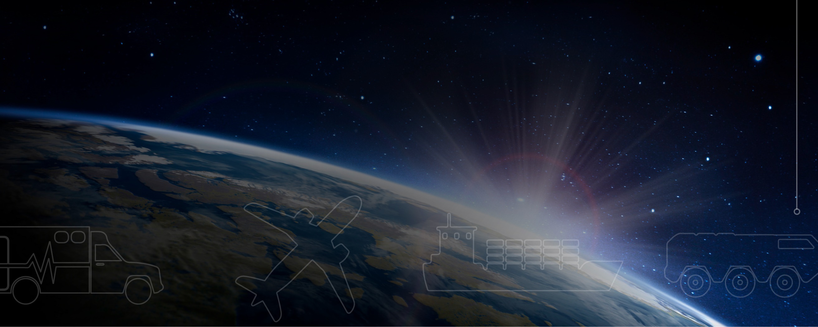 View of Earth from space with sunrise on the horizon and faint outlines of an ambulance, airplane, cargo ship, and military vehicle overlayed.