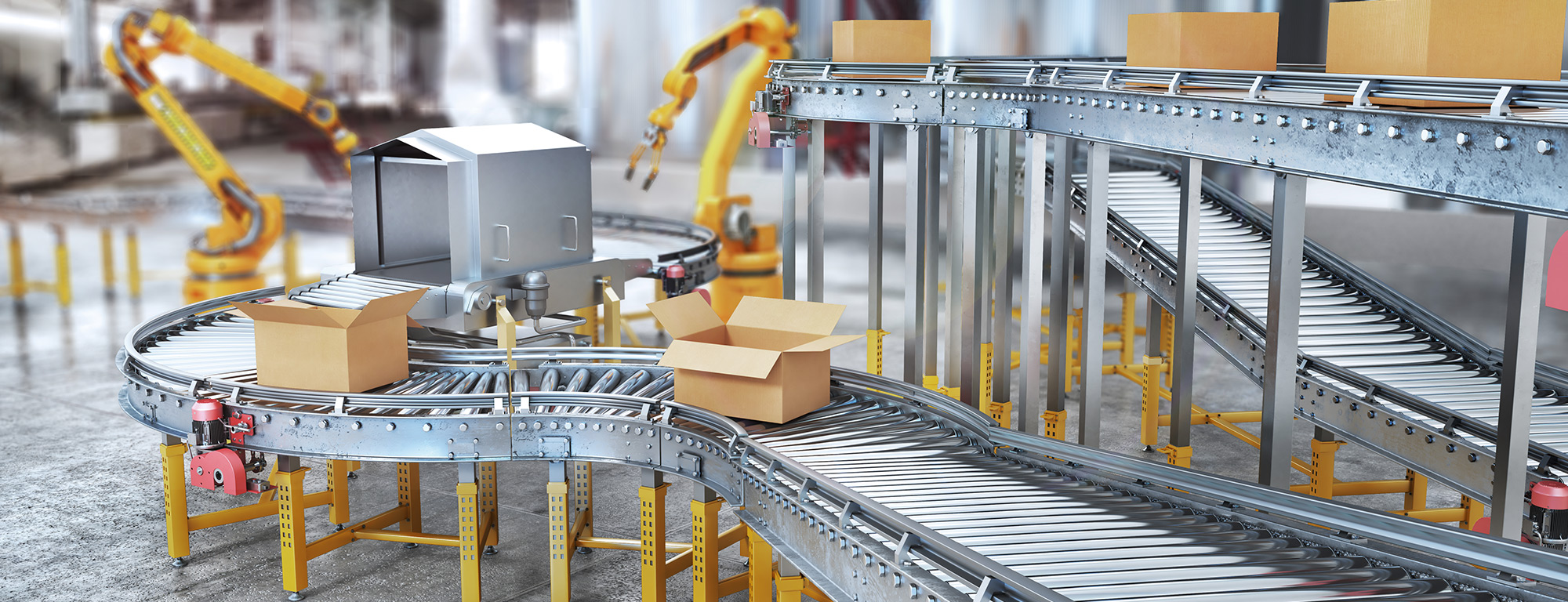 Cardboard boxes travel along a curved conveyor system in a high-tech automated warehouse, surrounded by robotic arms managing the packaging process.