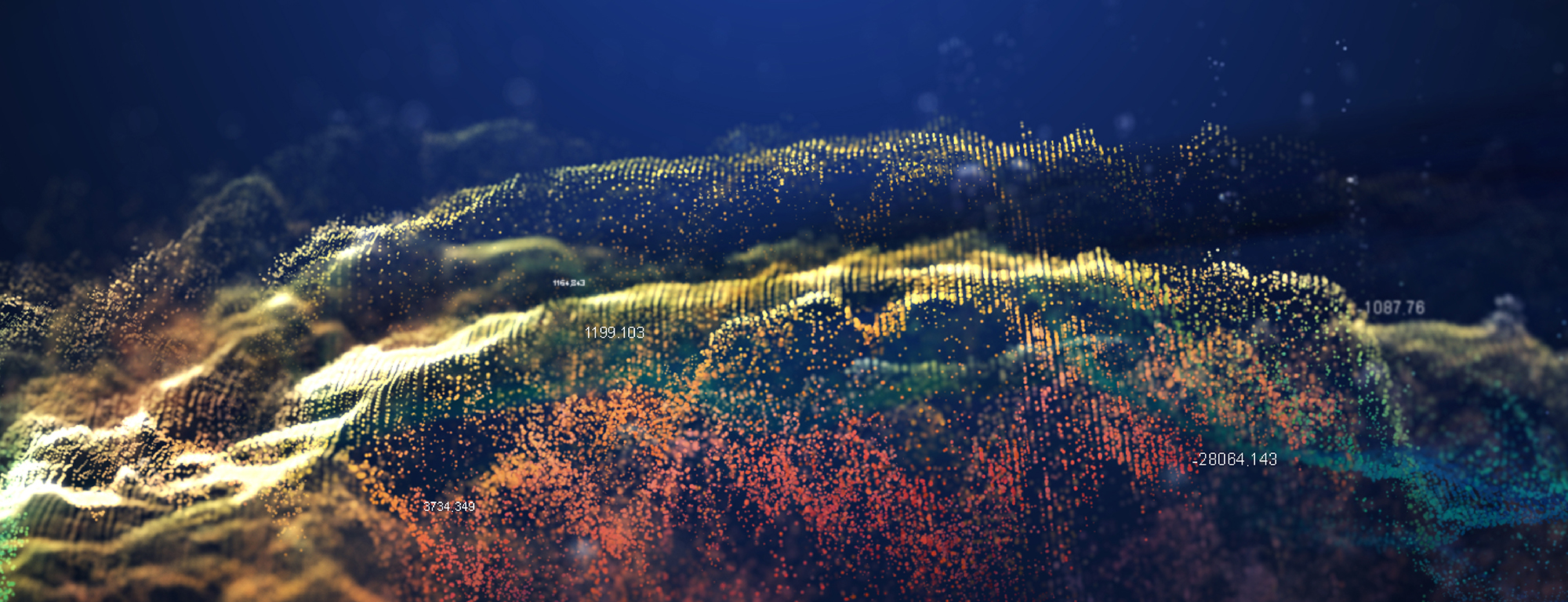 A vibrant, abstract visualization of data points forming wave-like patterns, representing complex digital analytics or a dynamic data landscape.