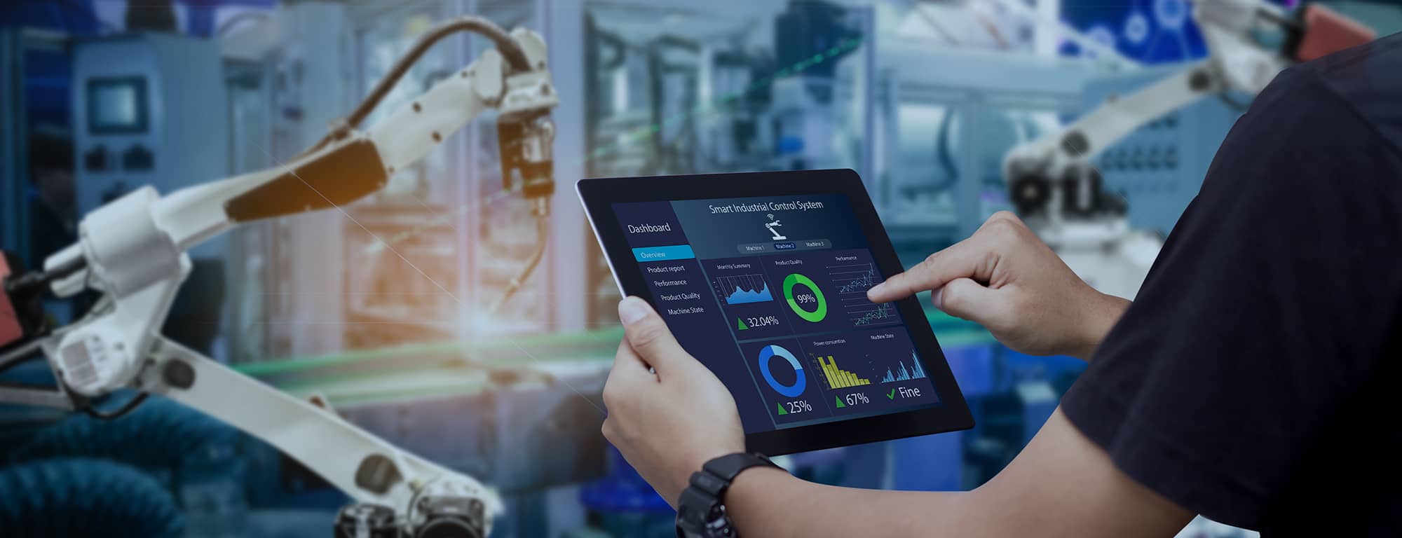 A person uses a digital tablet to monitor and control a smart industrial system, with robotic arms operating in the background of an automated manufacturing facility.