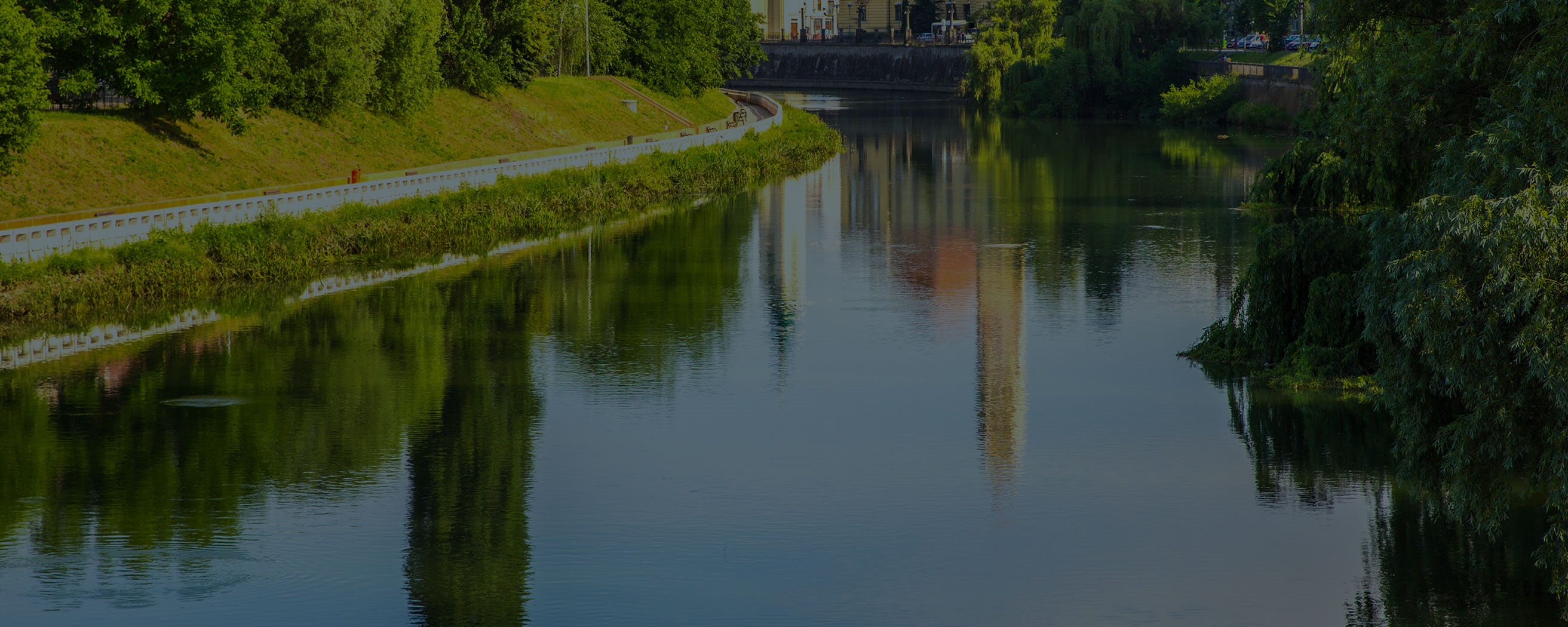 a river with trees winding through a city