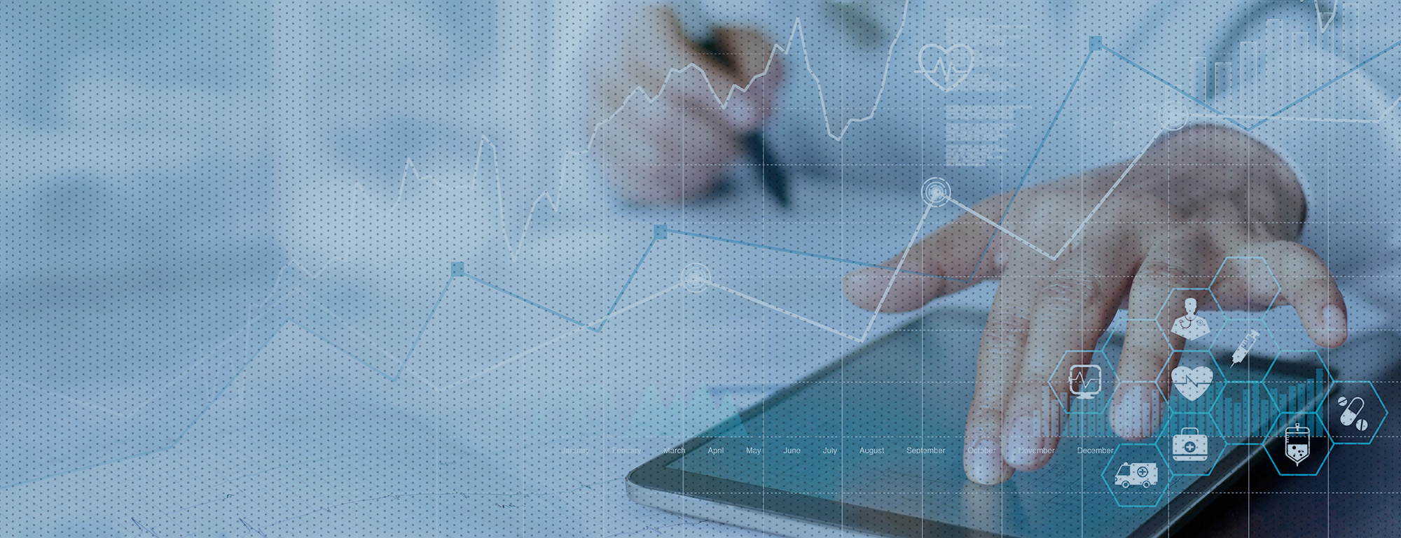 A hand interacts with a tablet displaying digital health data and analytics, overlaid with futuristic medical icons and line graphs.