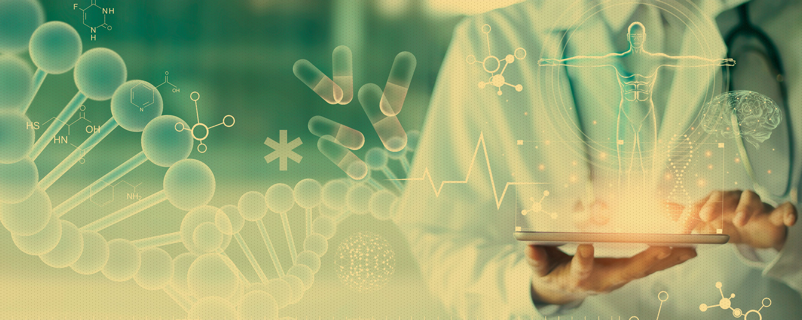 A medical-themed image showing a person in a lab coat holding a tablet, with various holographic scientific and medical graphics around them, including DNA strands, chemical structures, pills, and a human silhouette