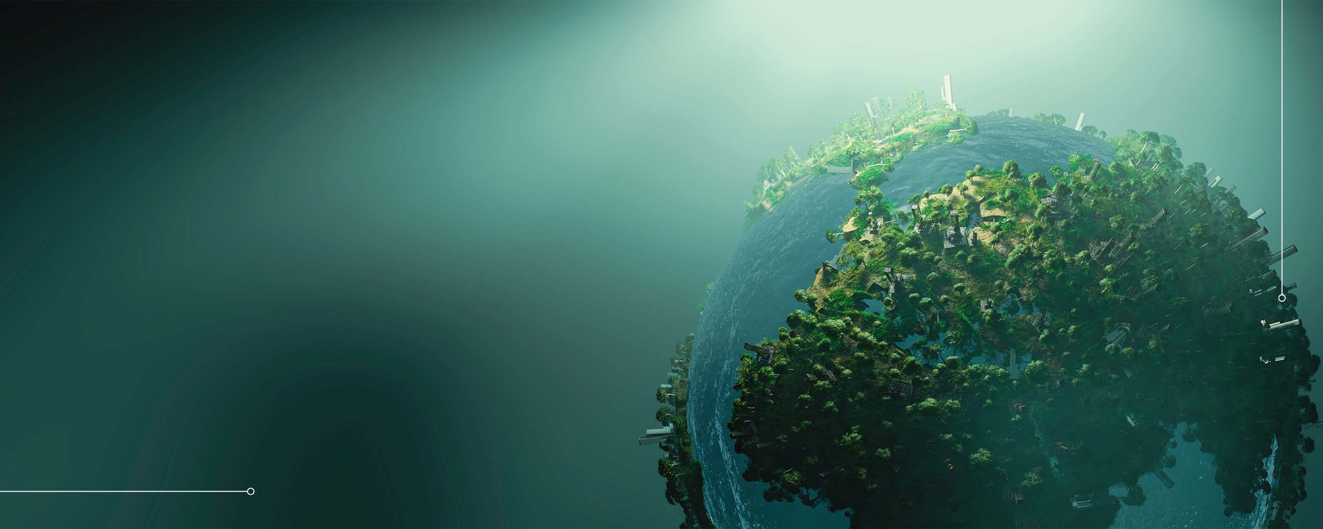 stylized, partially illuminated Earth-like planet covered in dense green forests and futuristic structures