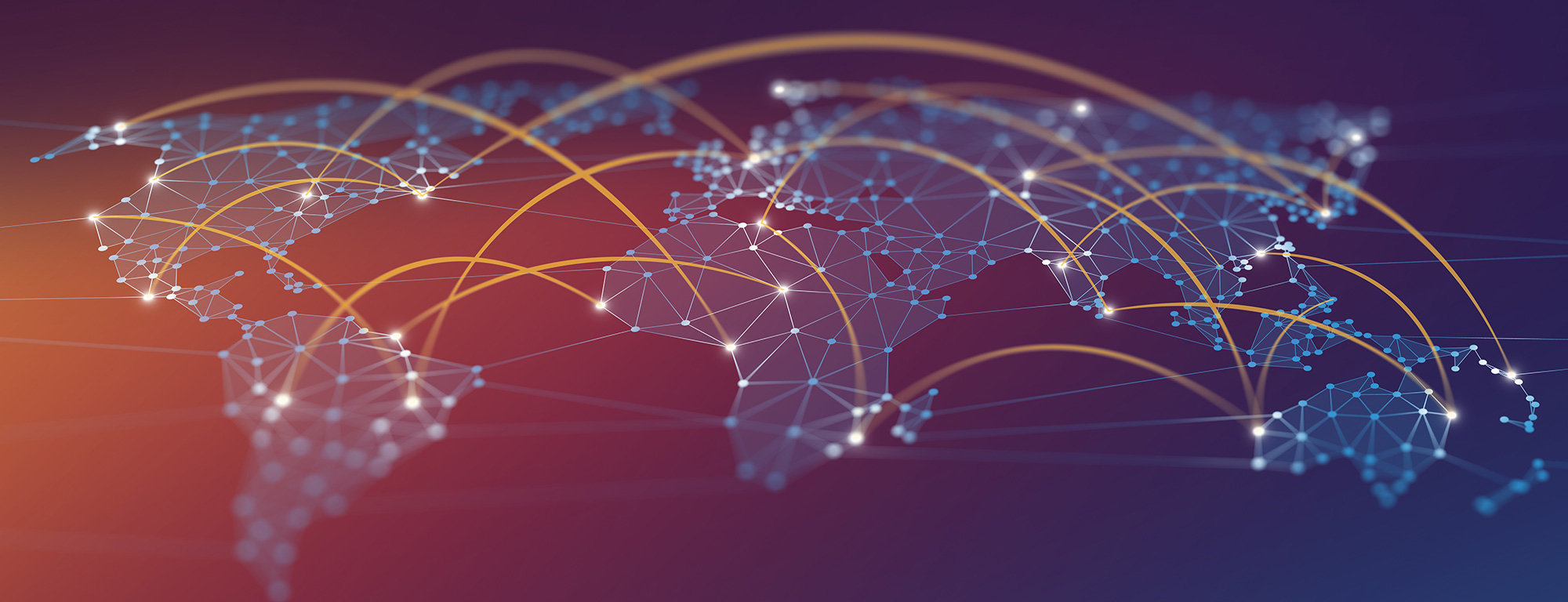A digital world map with interconnected nodes and curved data lines, symbolizing global communication and network connectivity.