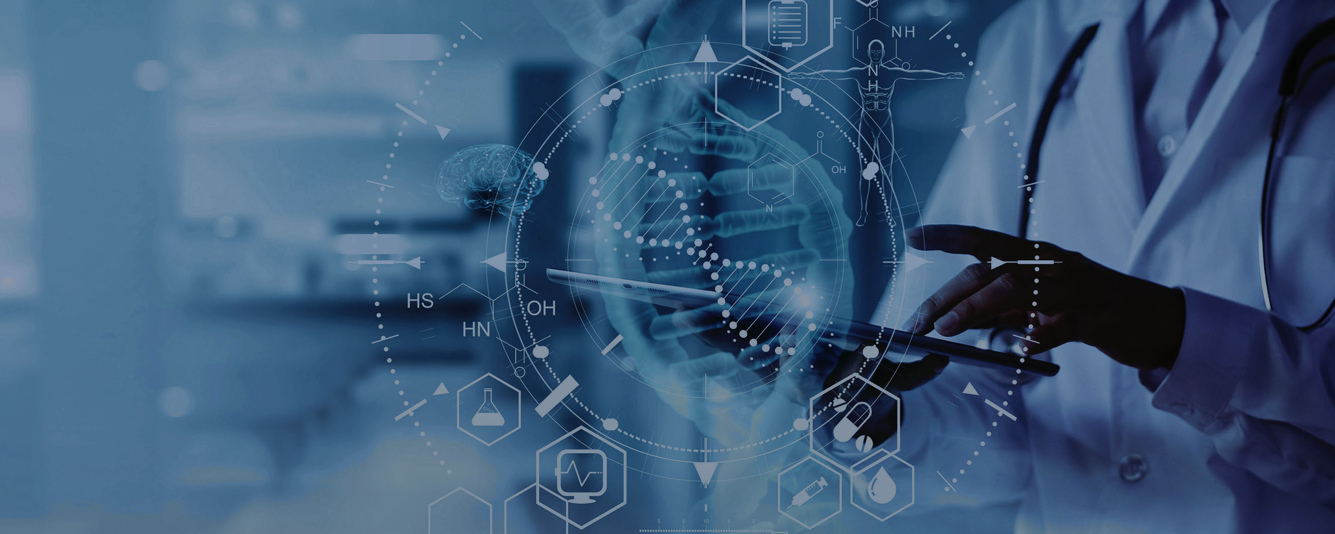 A doctor using a tablet with overlaid medical and scientific icons, representing digital healthcare technology and data integration.