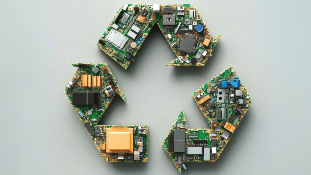 A recycling symbol made from various circuit boards and electronic components