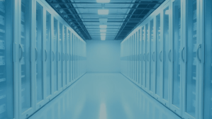 A long and brightly lit hallway in a modern data cooling center