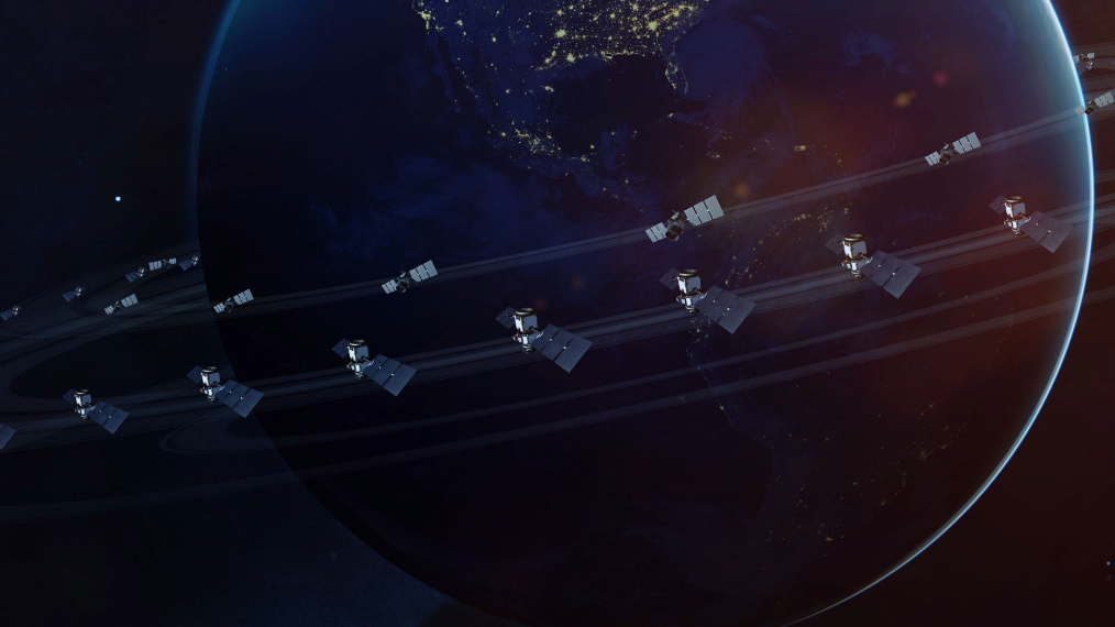 An outline of the earth with satellites in orbit around it