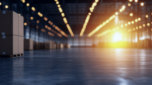 A low-angle shot captures the floor of a warehouse with stacks of boxes on pallets. Bright ceiling lights and a sunburst in the distance create a dynamic, industrial scene.