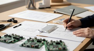 A person's hands are visible, holding a pencil and sketching a technical drawing on a sheet of paper. The desk is cluttered with other objects, including a pair of green circuit boards, a pair of scissors, a pen, and additional documents.