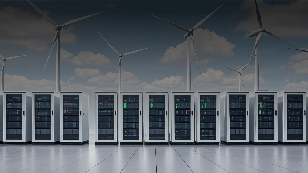 A row of modern, white server racks in a polished, tiled room. Above the server room, the background shows a partly cloudy, dark blue sky with several large wind turbines.