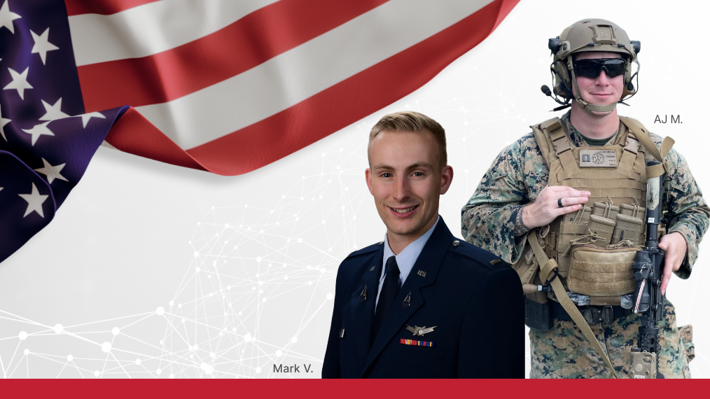 Two veterans in uniform, Mark Vandenberg and AJ Malisheski, are featured against a backdrop of a waving American flag and a white, network-like graphic.