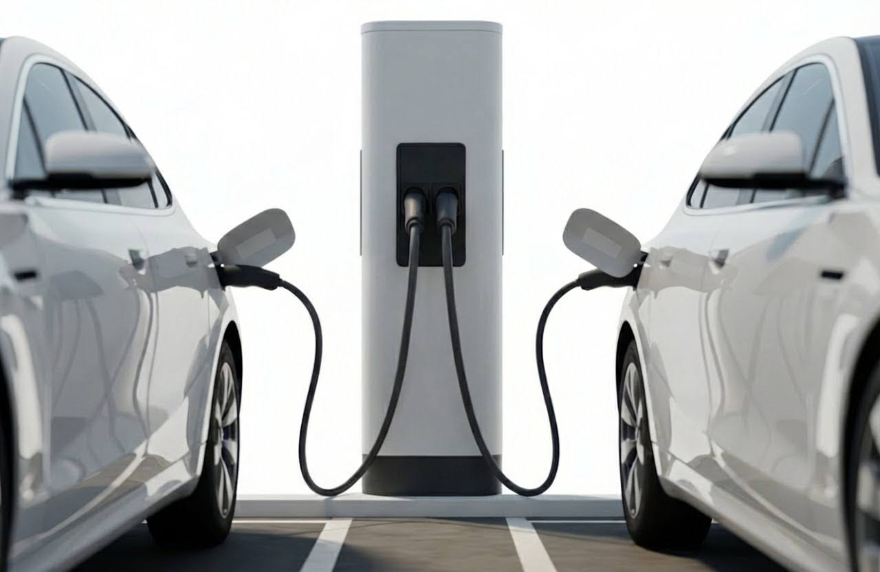 A symmetrical, low-angle shot showing two white electric vehicles (EVs), one on the left and one on the right, plugged into a central, gray EV charging station.