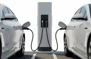 A symmetrical, low-angle shot showing two white electric vehicles (EVs), one on the left and one on the right, plugged into a central, gray EV charging station.
