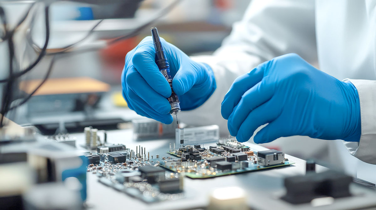 A focused worker wearing gloves conducts tests on electronic components on a circuit board, showcasing precision and attention to detail in a technology-driven environment.