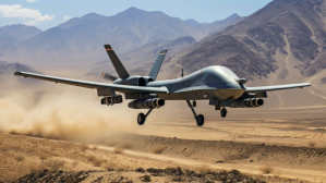 A large, grey military aircraft is shown taking off or landing on a dusty desert runway, with mountains in the background.