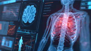 A futuristic digital interface showing a translucent blue human anatomy model. The chest and lungs are highlighted with glowing red points, while the background features a complex medical dashboard with a brain scan, data graphs, and biometric monitors in a high-tech blue and orange aesthetic.