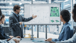 A lead engineer presenting a complex printed circuit board (PCB) schematic and 3D assembly model on a large digital display to a team of seated colleagues. This collaboration illustrates Plexus’ role as a strategic partner, providing specialized systems engineering and "copy-exact" manufacturing for semiconductor OEMs to overcome talent shortages and accelerate innovation.