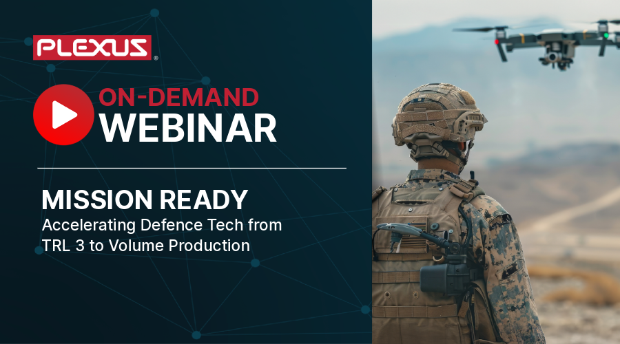 Plexus "On-Demand" promotional graphic titled "MISSION READY: Accelerating Defence Tech from TRL 3 to Volume Production." Includes an image of a soldier in the field with a drone overhead.