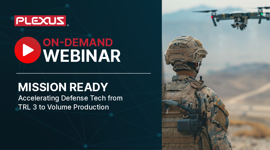 Plexus "On-Demand" promotional graphic titled "MISSION READY: Accelerating Defense Tech from TRL 3 to Volume Production." Includes an image of a soldier in the field with a drone overhead.