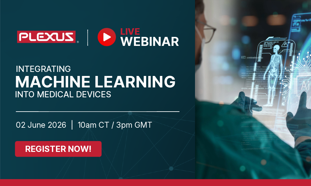 A promotional graphic for a live webinar titled "Integrating Machine Learning into Medical Devices," hosted by Plexus.