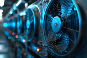 Close-up of a row of industrial cooling fans on server racks inside a data center, illuminated by a futuristic blue light with soft-focus background lights.
