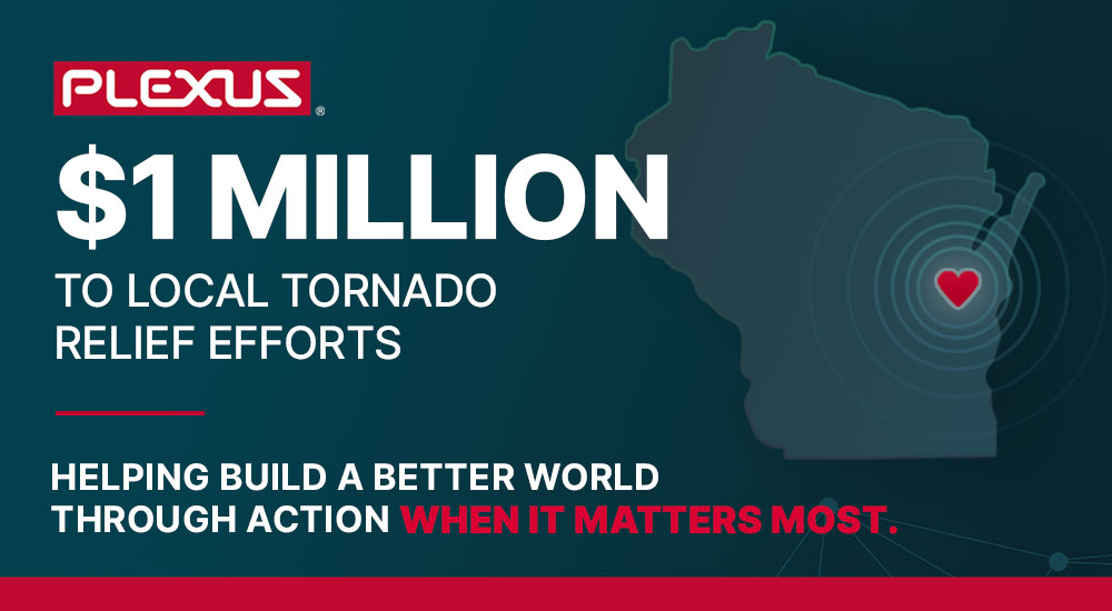 Plexus banner announcing "$1 Million to local tornado relief efforts" and "Helping build a better world through action when it matters most," beside a dark outline of Wisconsin with a red heart icon.
