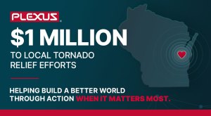 Plexus banner announcing "$1 Million to local tornado relief efforts" and "Helping build a better world through action when it matters most," beside a dark outline of Wisconsin with a red heart icon.