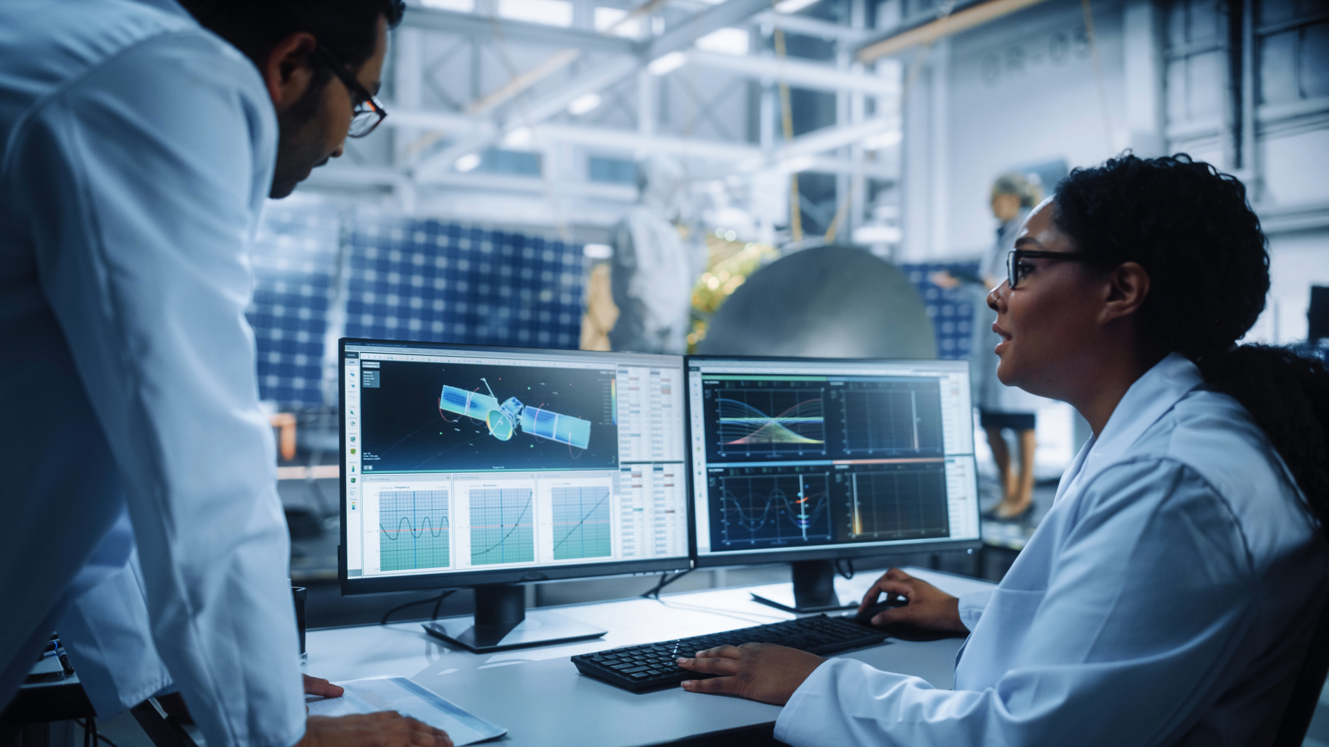 Two engineers in lab coats collaborating at a dual-monitor computer workstation displaying a 3D satellite model and complex data graphics within an advanced engineering and manufacturing facility.